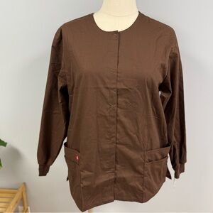 NWT Dickies Scrub Jacket XL Brown Cotton Snap Front Scrubs Nurse Warm Up